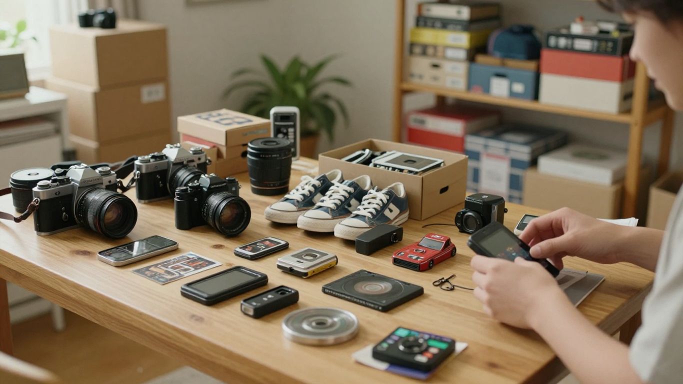 Person flipping secondhand items on a table at home.