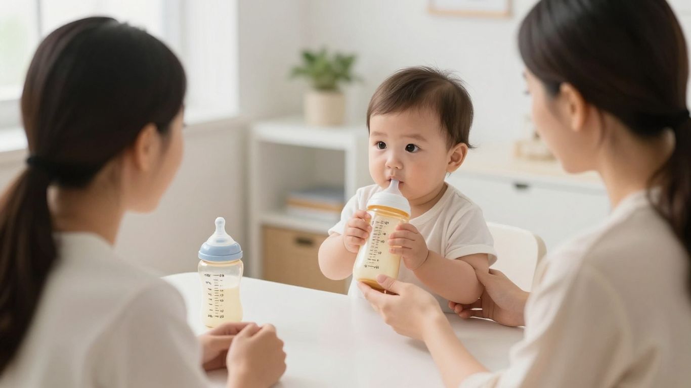 Pediatra revisando fórmula infantil con una familia
