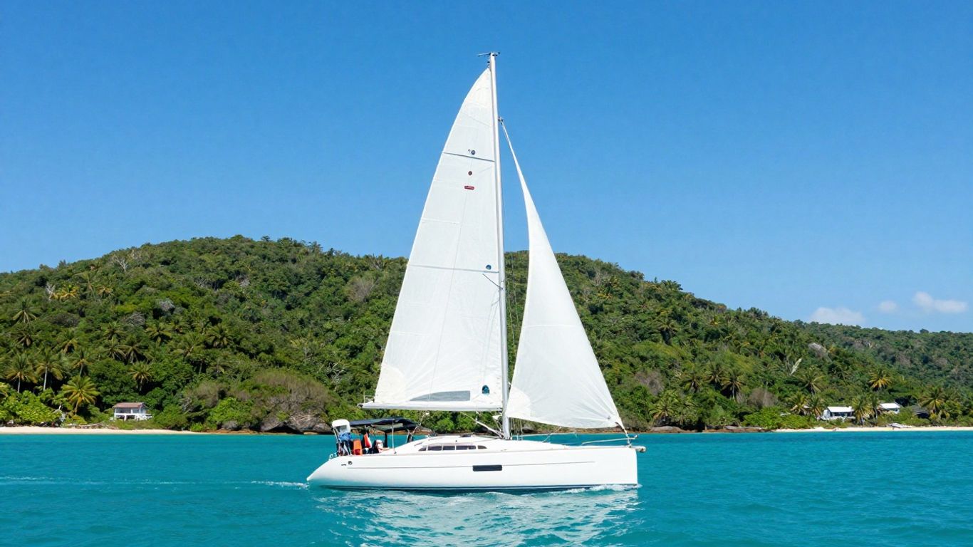 Sailboat on turquoise water near green islands