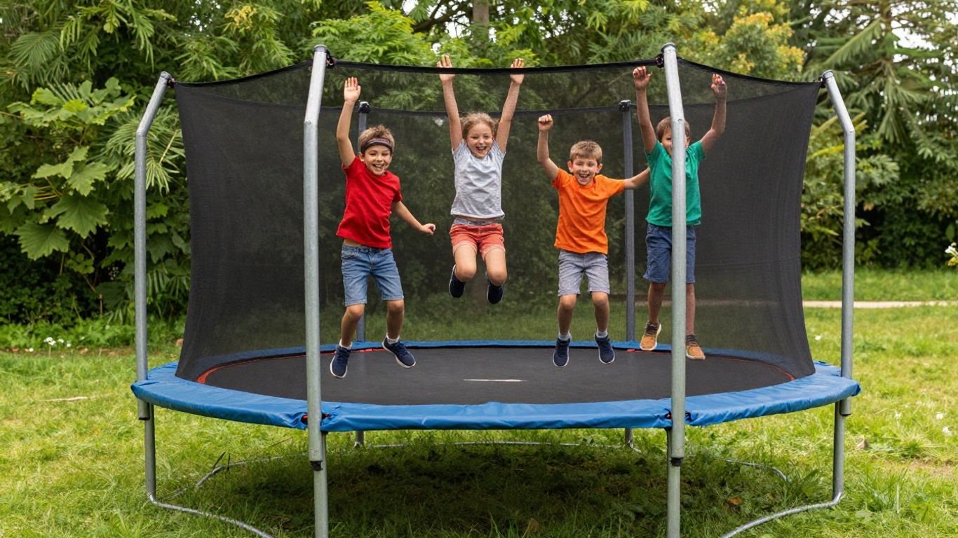 Zupapa Saffun outdoor trampoline with kids jumping.