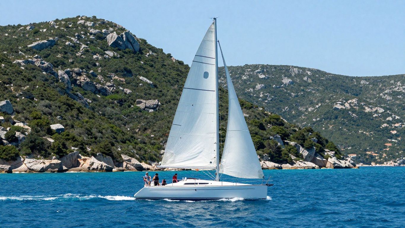 Sailboat sailing near Croatian islands in the Adriatic Sea.