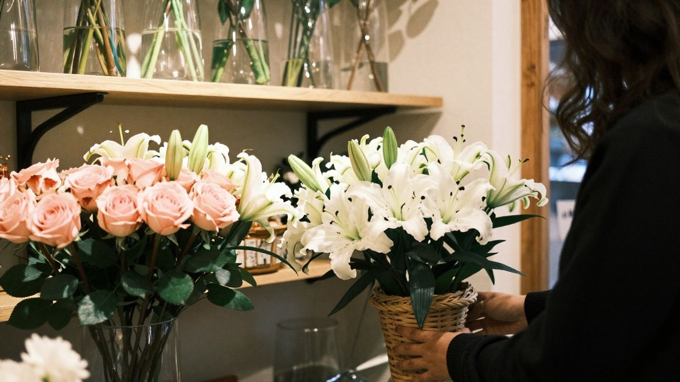 Assessing fresh sympathy flowers during collection at a florist window