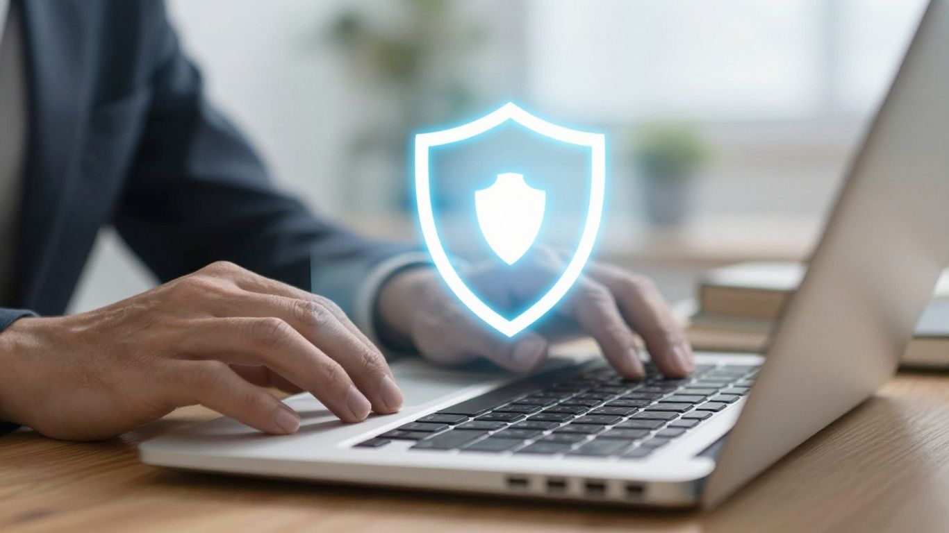 Hands typing on a laptop with a digital shield.