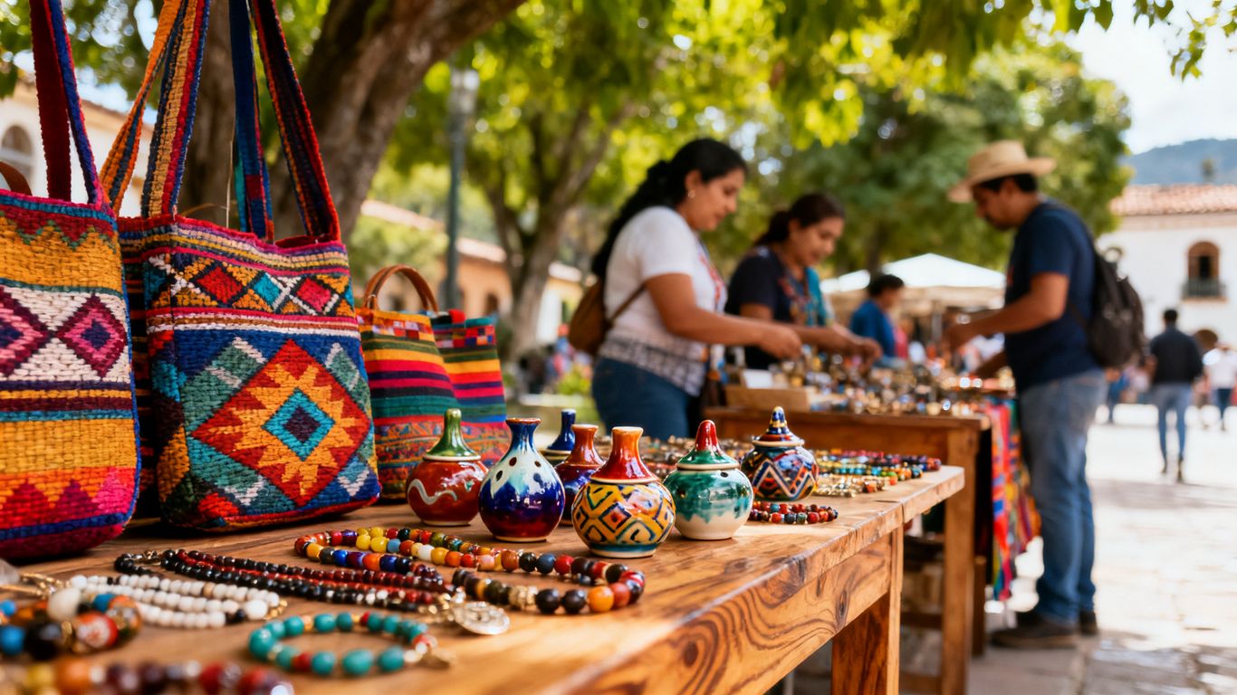 Colorful handmade crafts displayed around Sabaneta Park