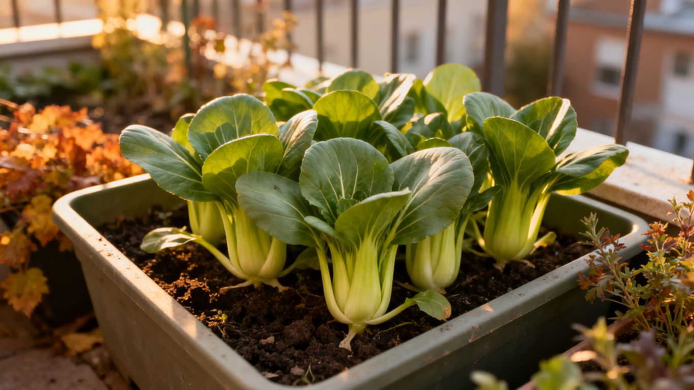 Pak Choi mit hellen Stielen im Herbstkübel