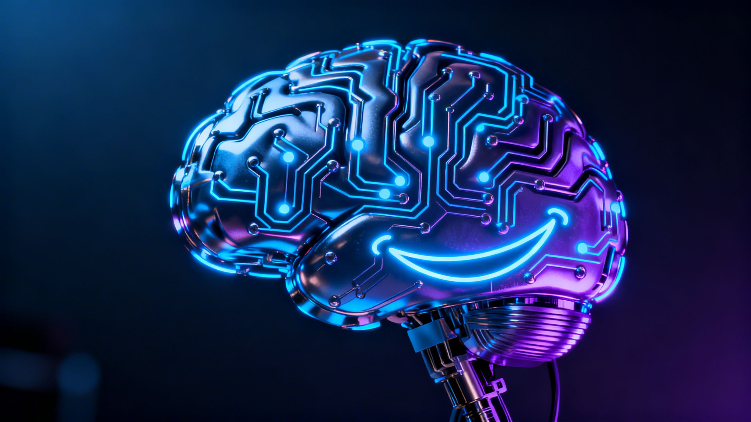 An abstract image of a glowing digital brain with circuits forming a subtle, mischievous smile, representing deceptive AI.