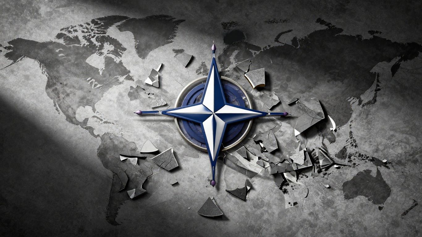 Fractured NATO emblem against a divided world map.