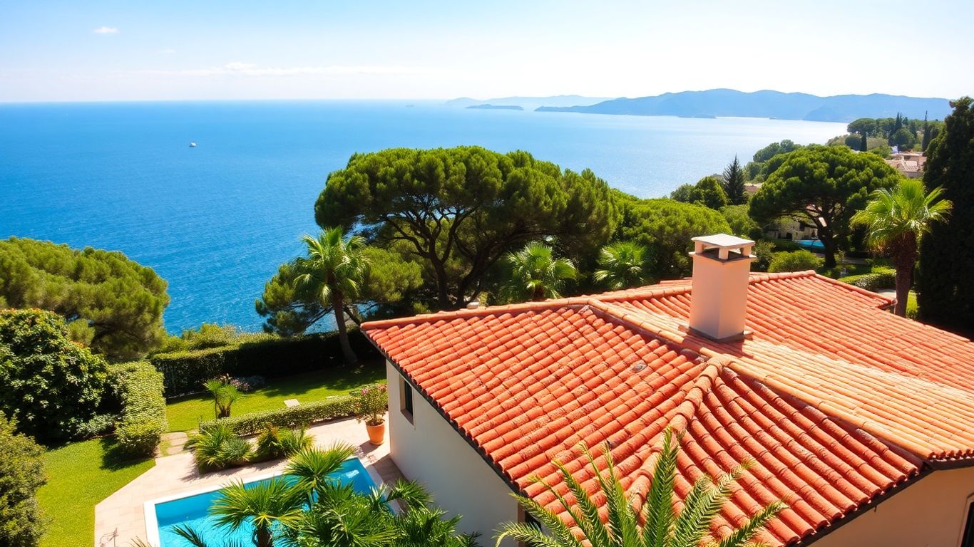 Spanish villa overlooking Mediterranean coast with gardens.