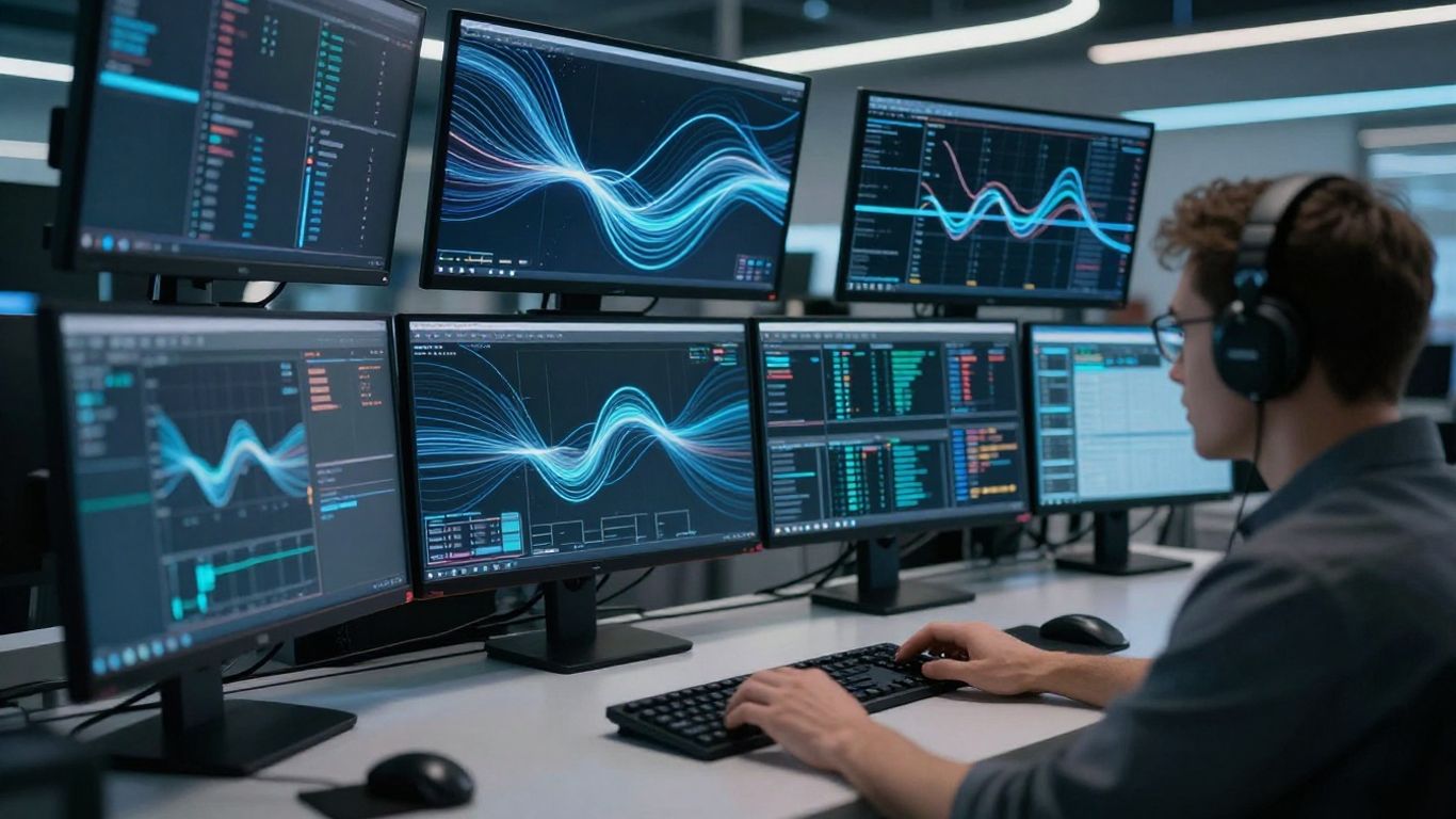 Modern trading desk with abstract digital patterns on screens.