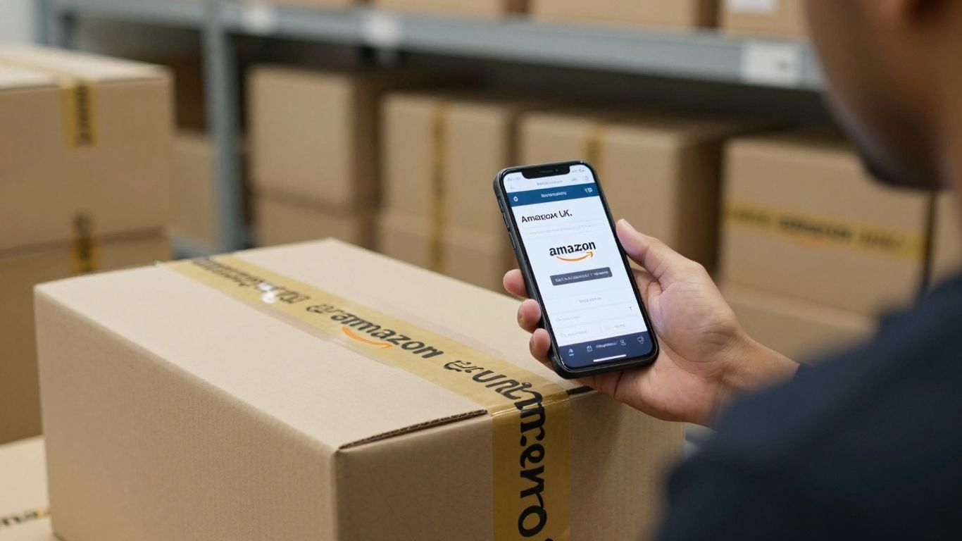 Amazon UK seller packing orders and managing inventory on phone.