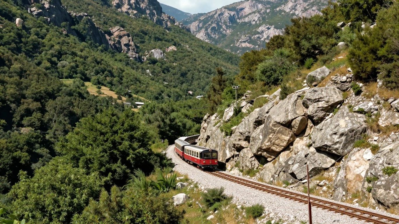 Corsican train winding through mountain landscape