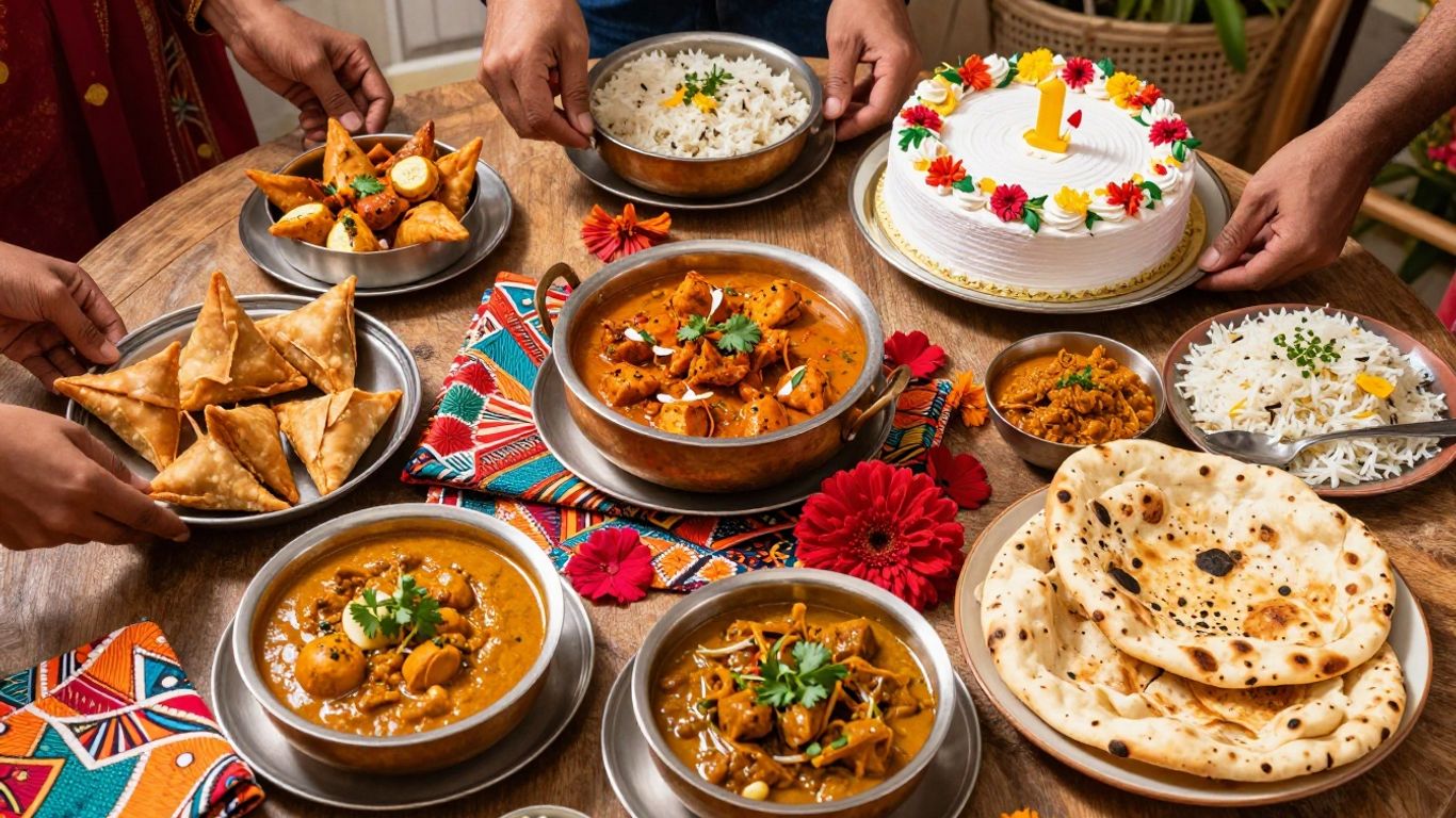 Colourful Indian birthday buffet at home
