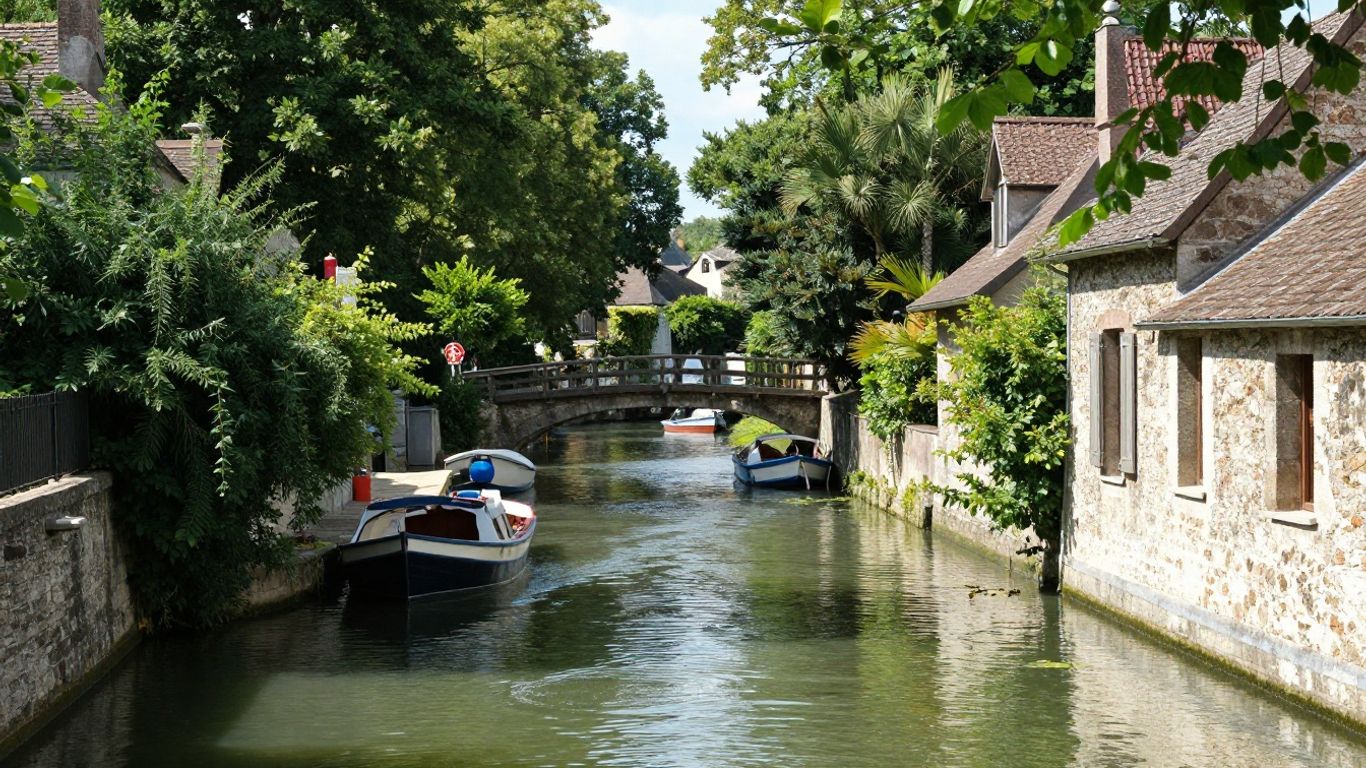 Charming French canal town with stone buildings and boats.