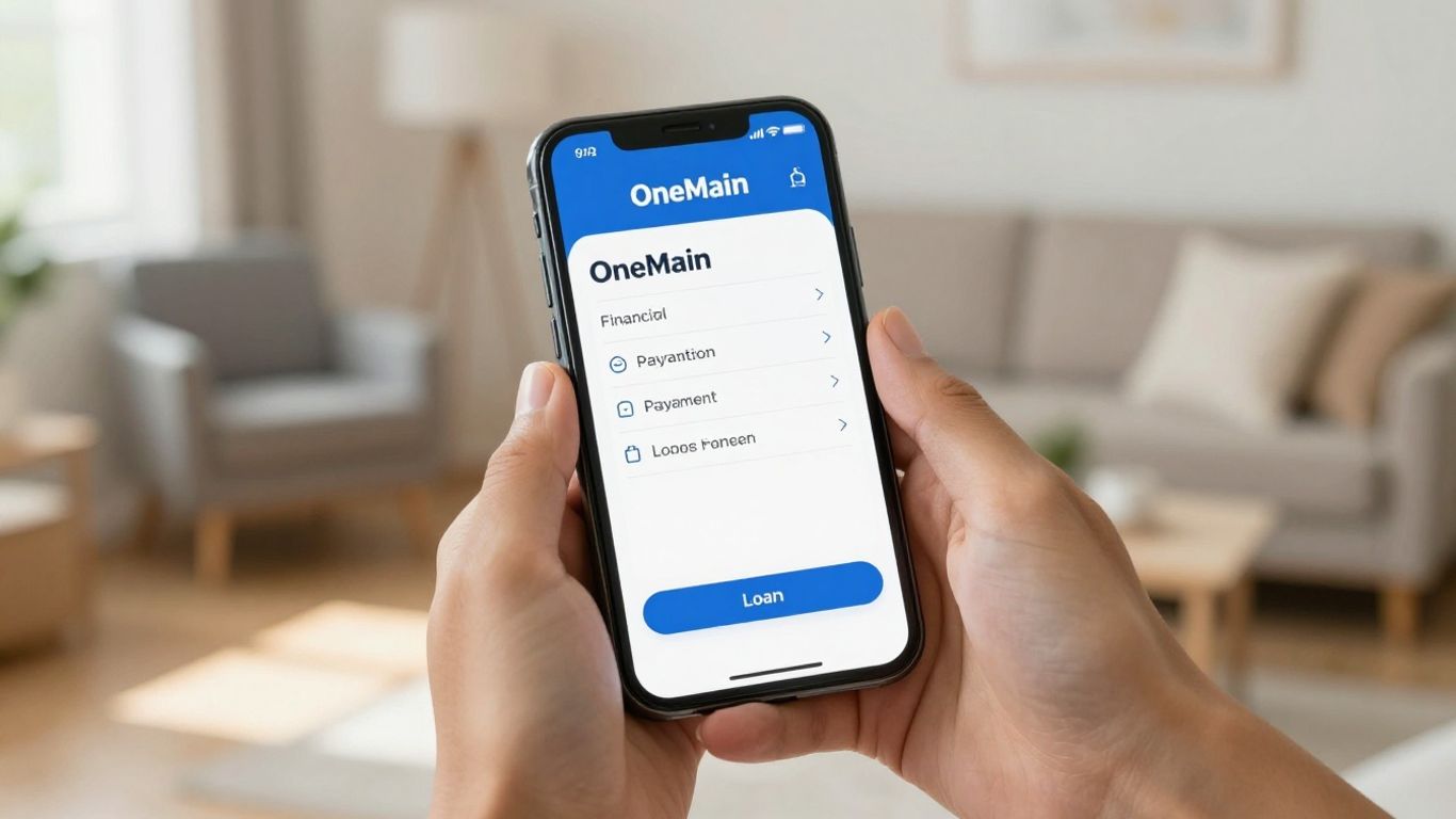Hands holding phone with OneMain Financial payment confirmation.