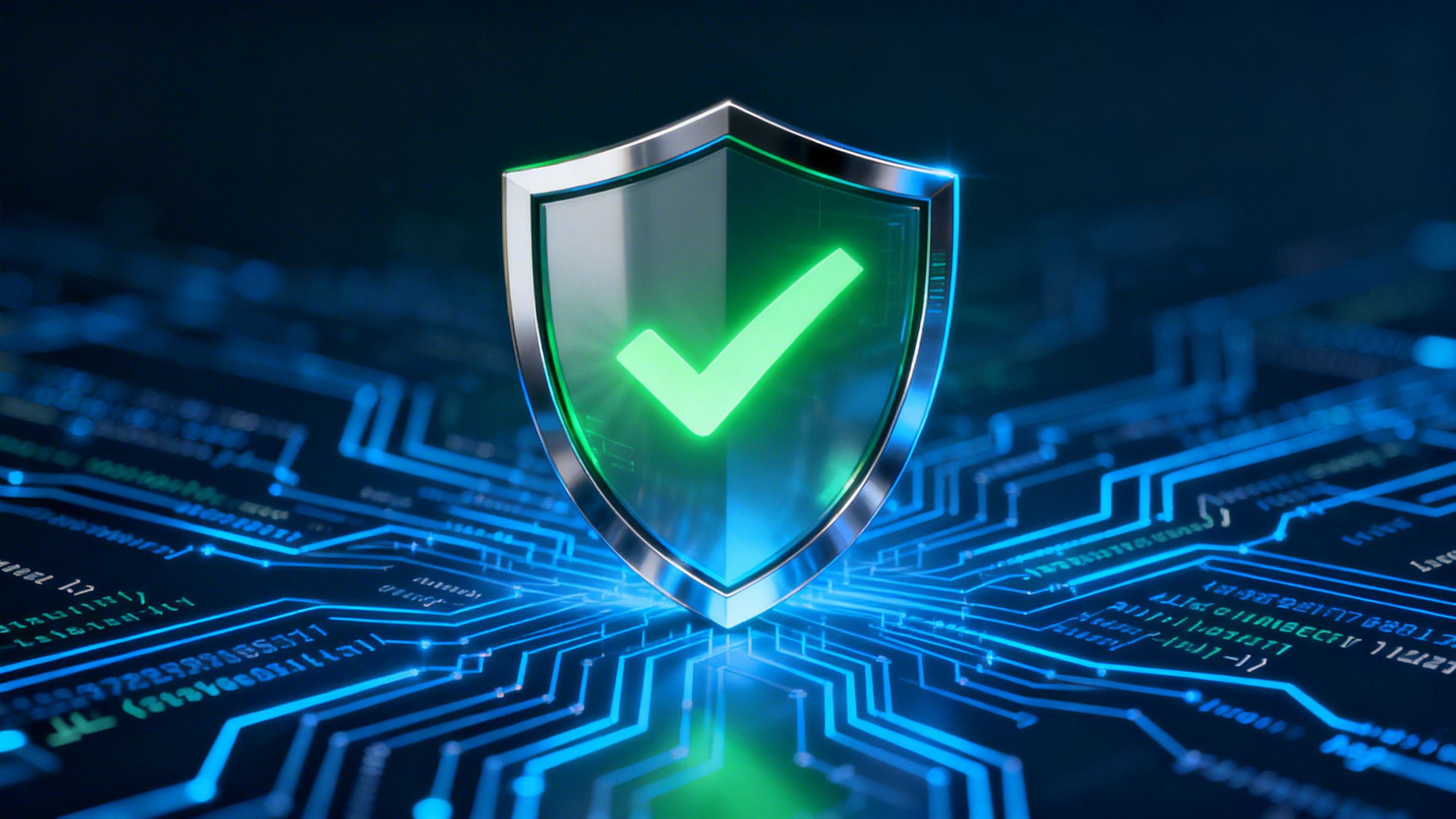 A digital shield with a glowing checkmark protecting a complex network of code, illustrating the concept of formal verification in software security.