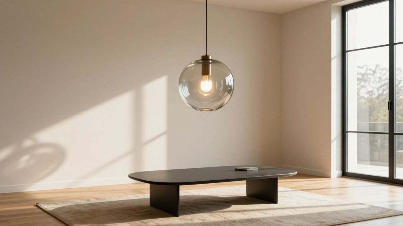 Modern living room with a glass pendant light.
