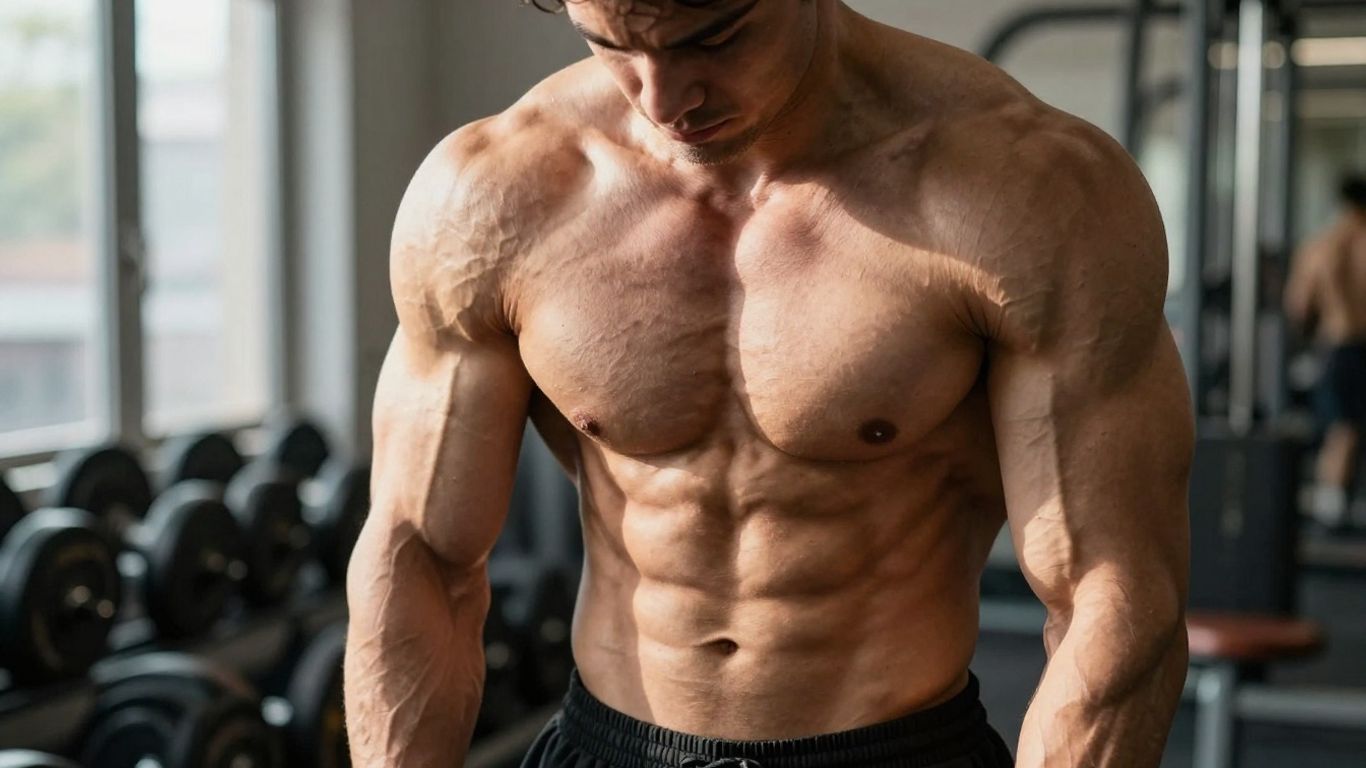 Muscular bodybuilder flexing in a gym.