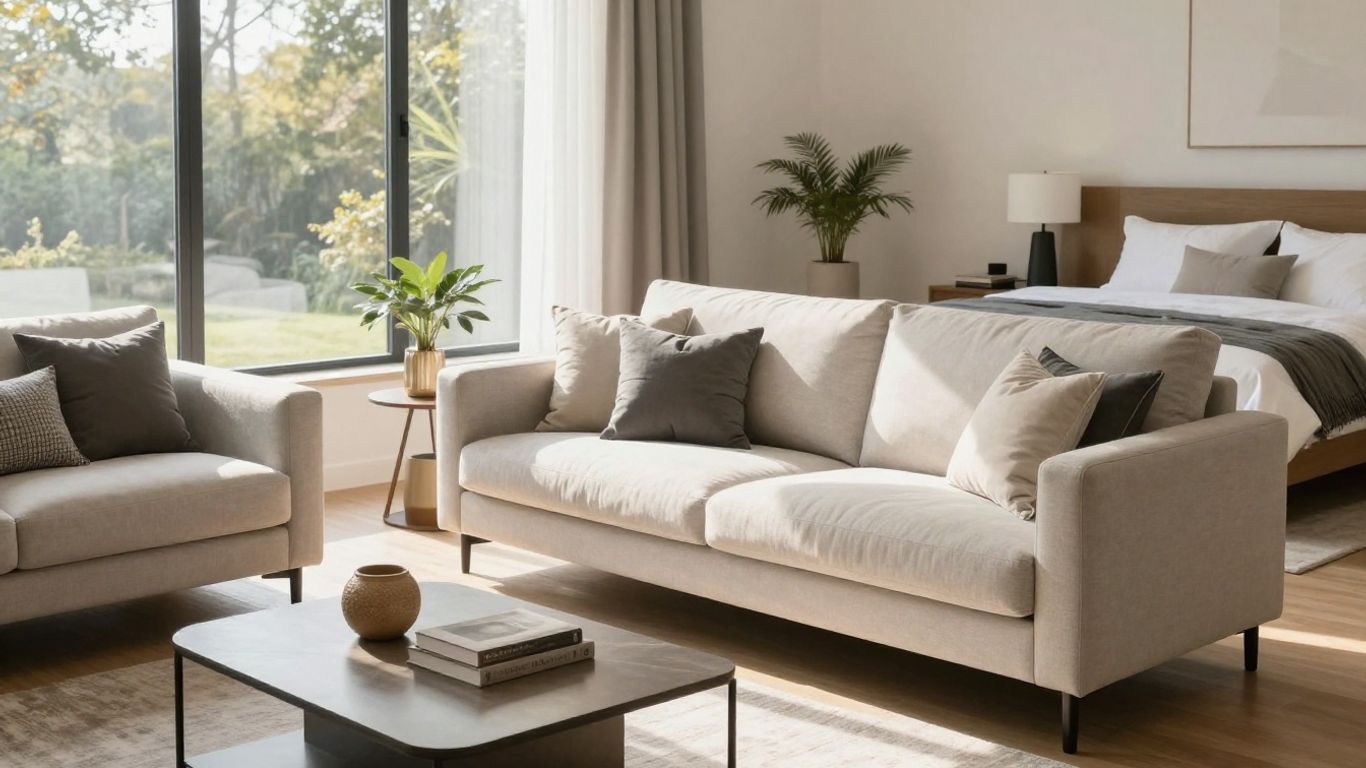 Airbnb living room and bedroom after furnishing.