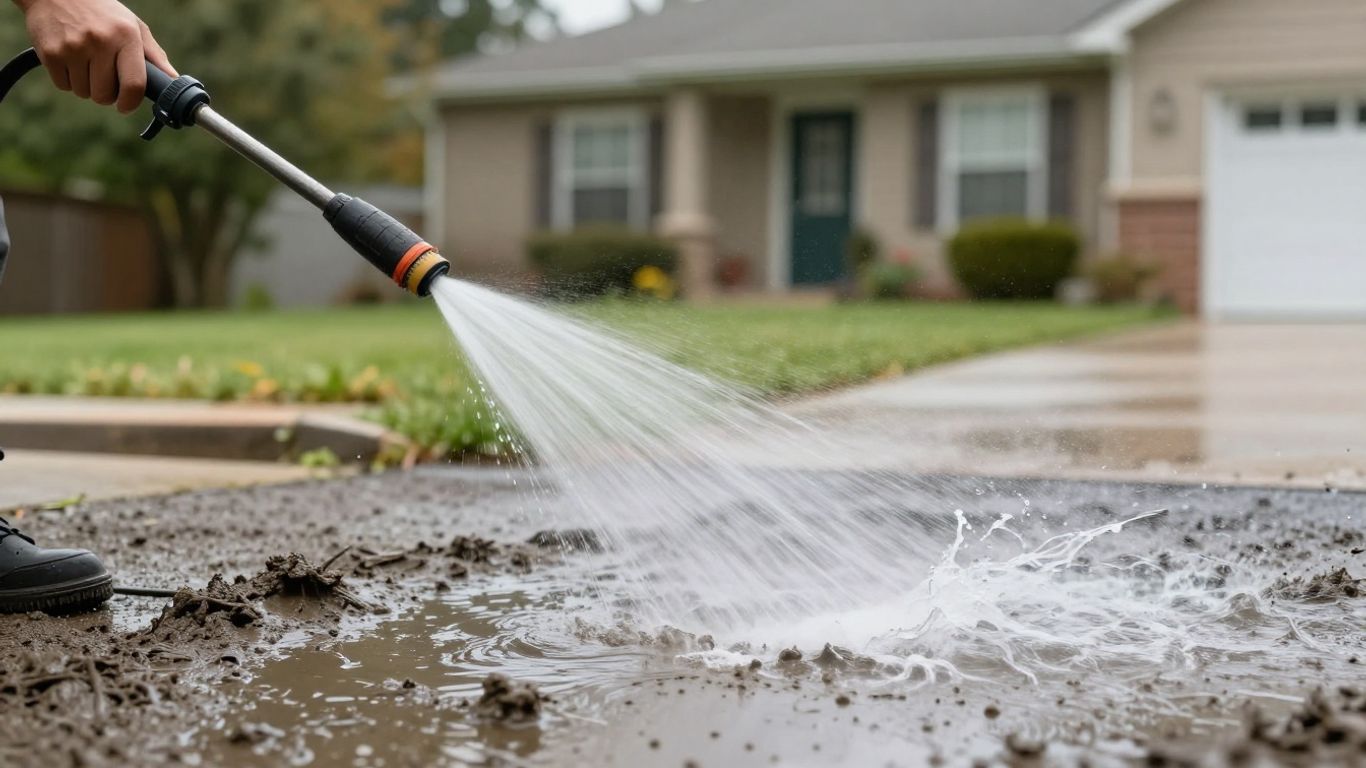 Pressure washing mud off a driveway.