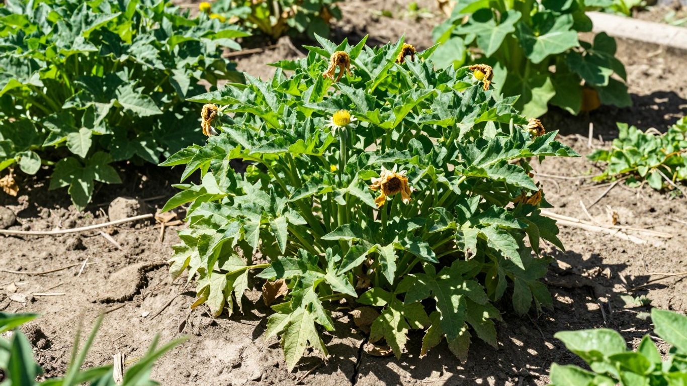 Vertrocknete Pflanzen und trockener Boden im Garten