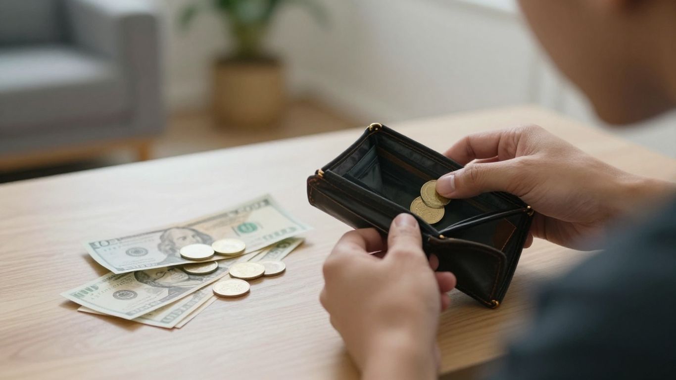 Persona preocupada con pocas monedas y billetes dispersos.