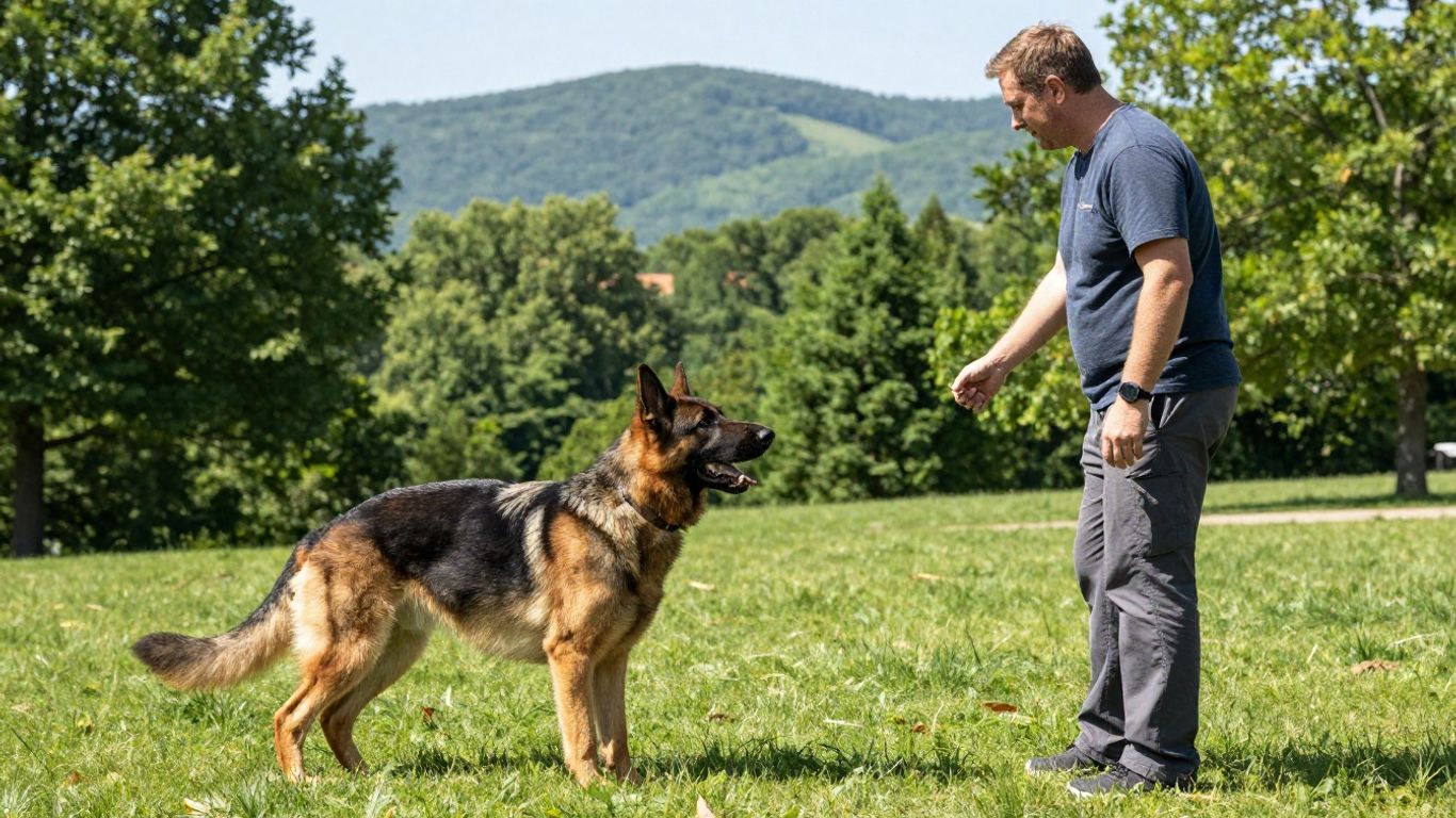 German Shepherd training outdoors with handler in Tennessee.