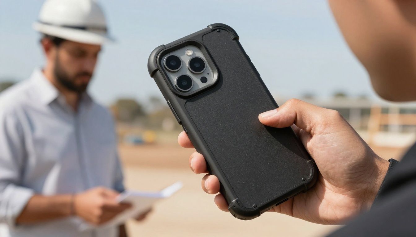 A tradesperson on a construction site in Australia using their iPhone 16, which is protected by a rugged, heavy-duty case.