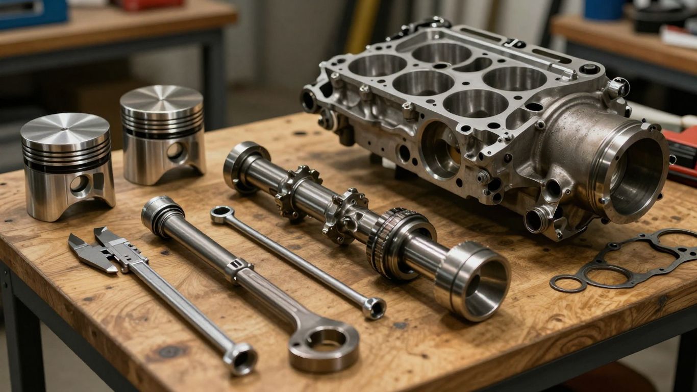 American V8 components arranged on workshop bench