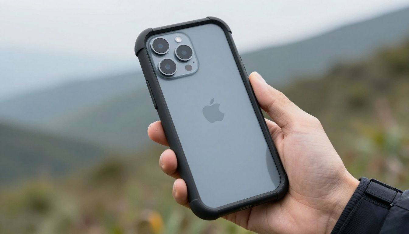 A person hiking in the Blue Mountains, checking their iPhone 17 Pro which is in a sturdy, heavy-duty case.