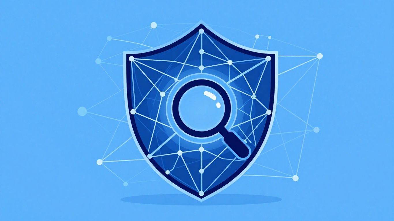 Digital shield with magnifying glass, secure network illustration.