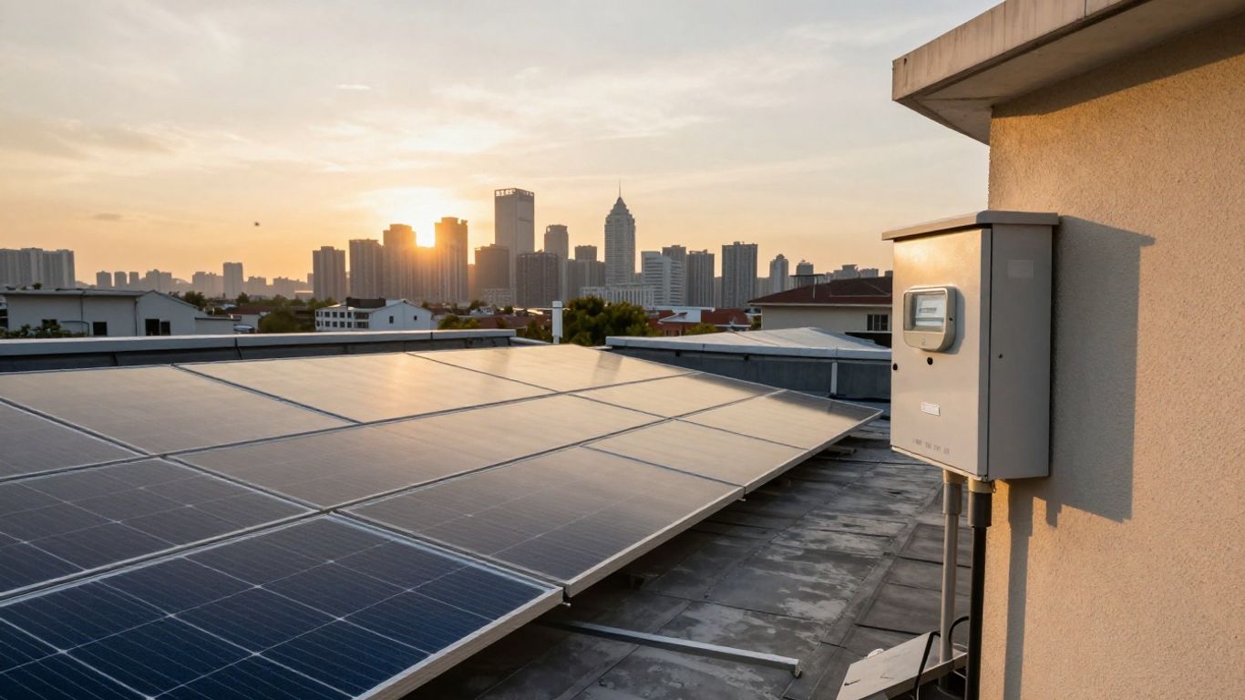 Panneaux solaires sur un toit avec vue sur la ville.