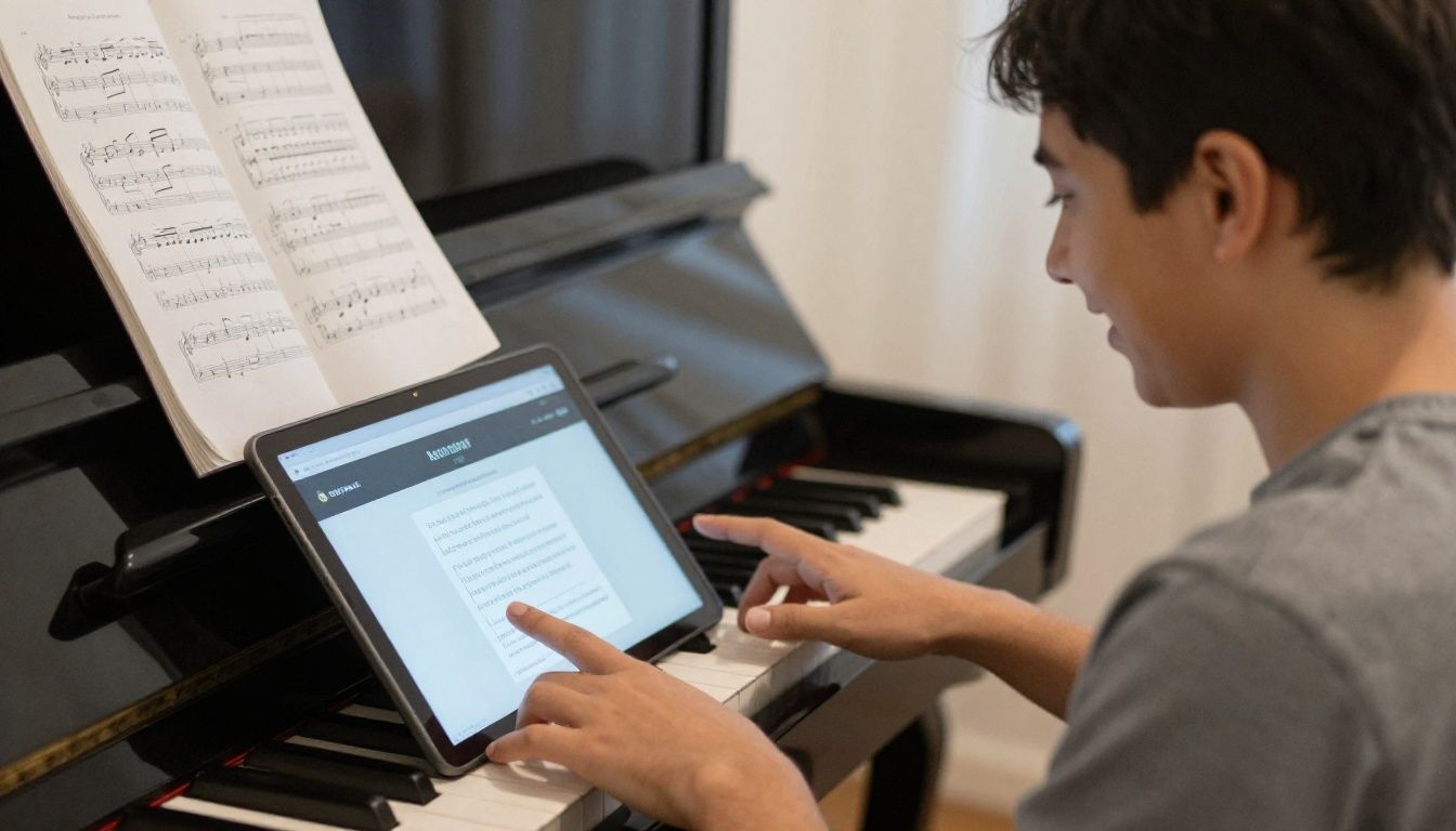 Uma pessoa feliz tocando piano com um tablet ao lado exibindo um aplicativo de aprendizado musical digital