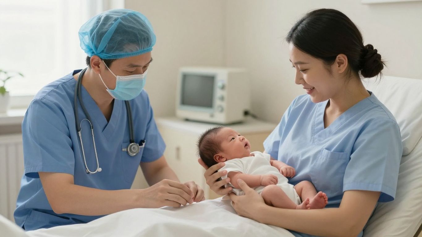 Doctor and midwife with pregnant person and newborn baby.