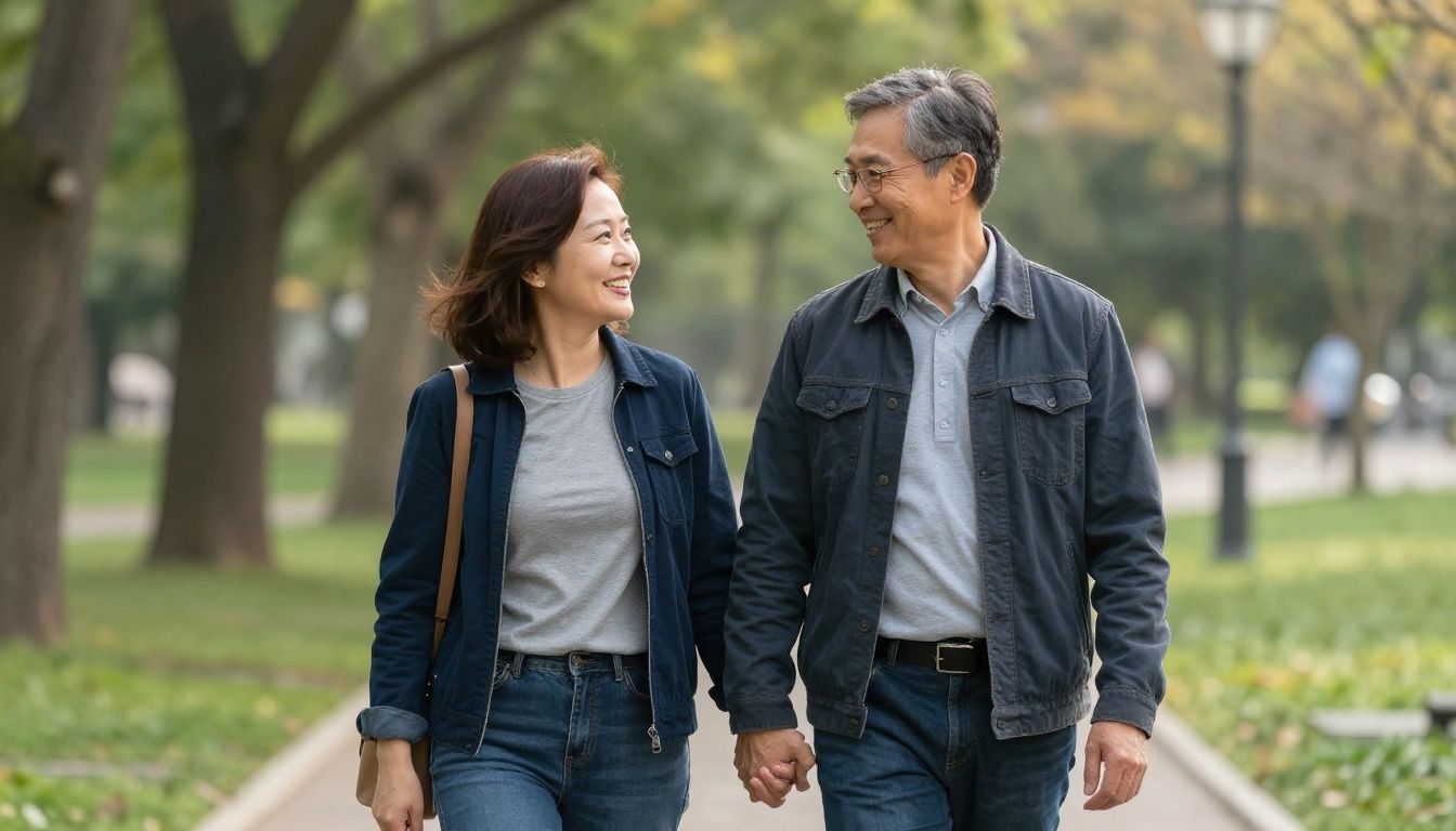 A middle-aged couple holding hands and smiling warmly at each other while walking through a park in the soft light of late afternoon.