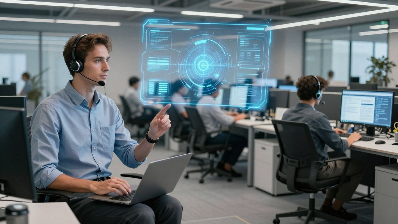 Call center agents using advanced technology in a modern office.