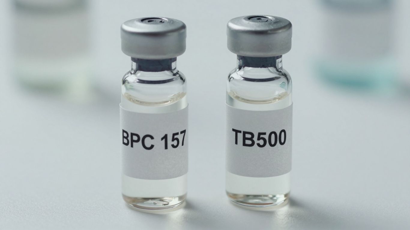 Vials of BPC 157 and TB500 peptides.