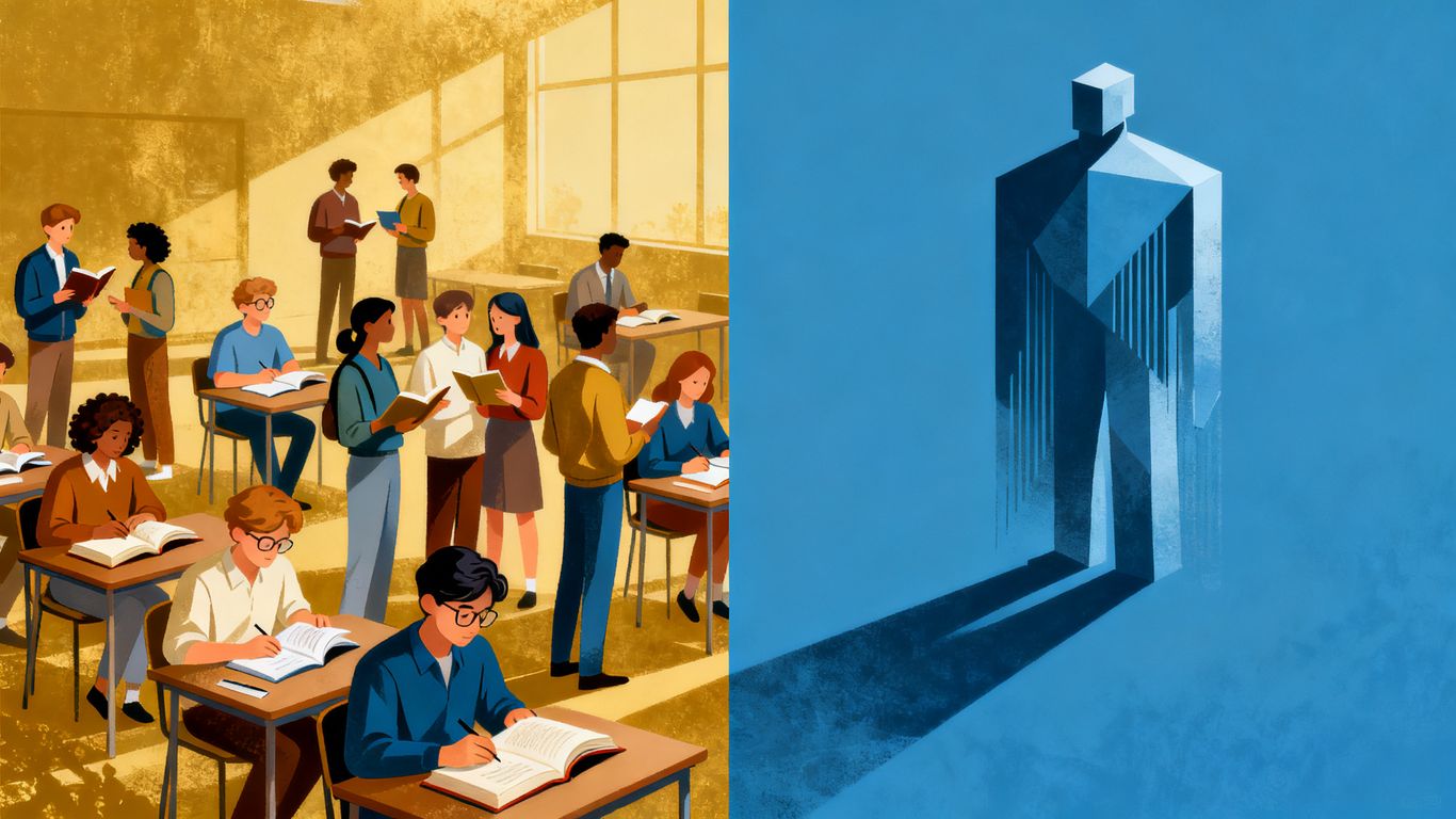 Students learning versus a large institutional figure.