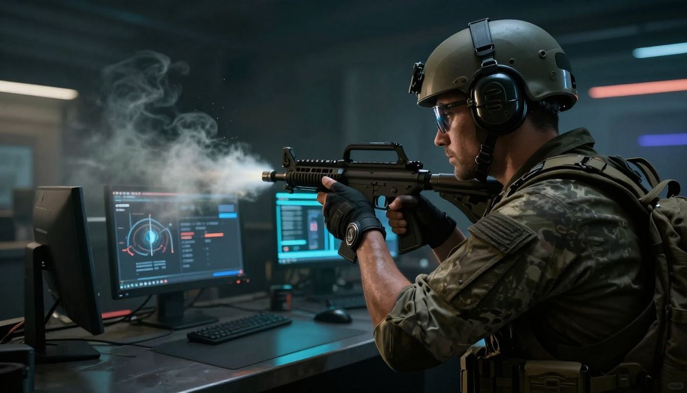 Cena dinâmica mostrando um soldado em um ambiente de Counter-Strike 2 com fumaça volumétrica e iluminação avançada