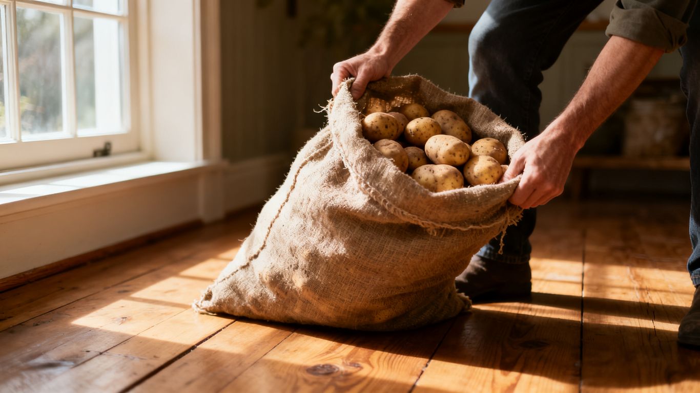 Zware zakken aardappelen klaar voor transport