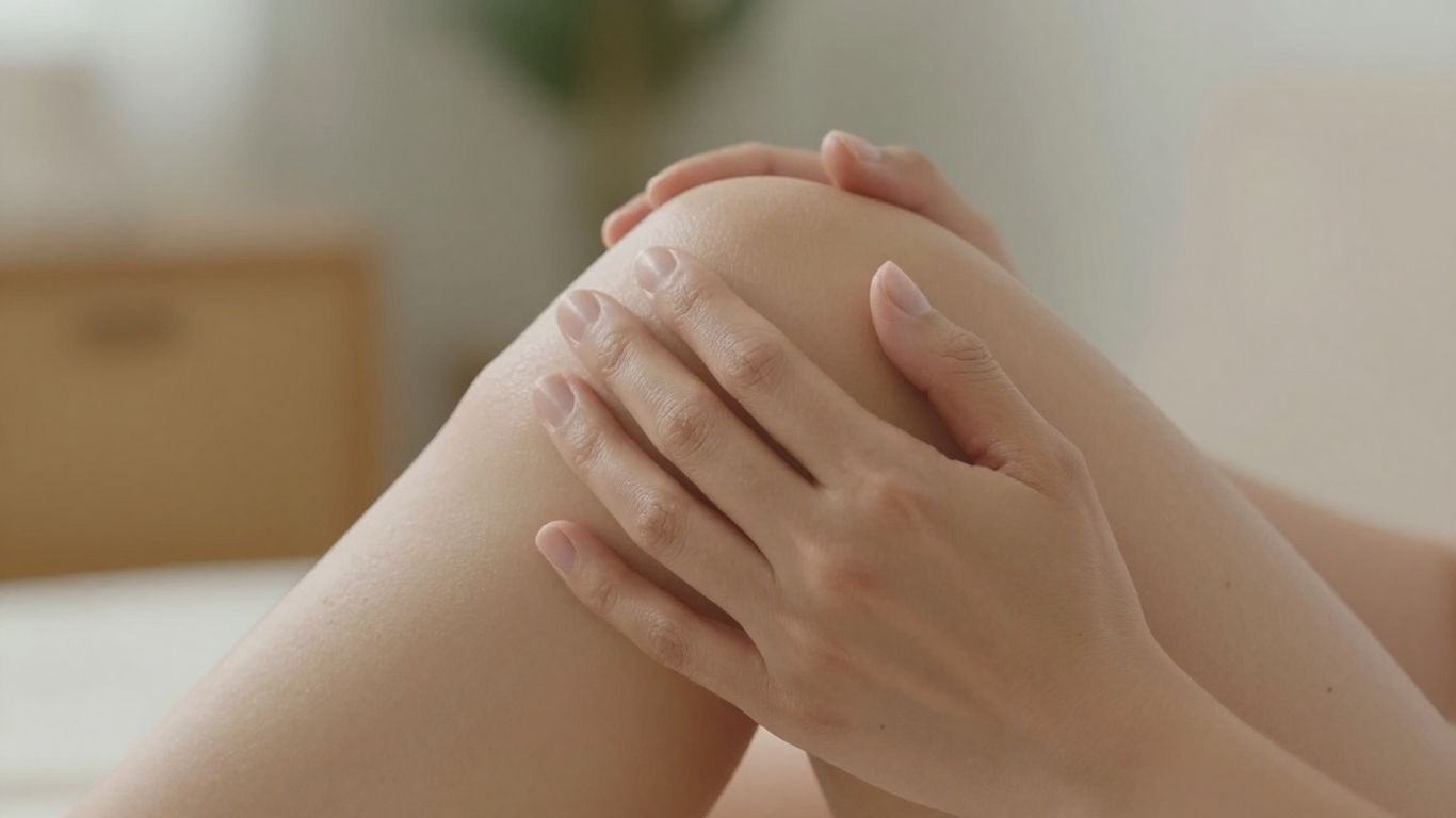 Pessoa massageando o joelho com cuidado e alívio.