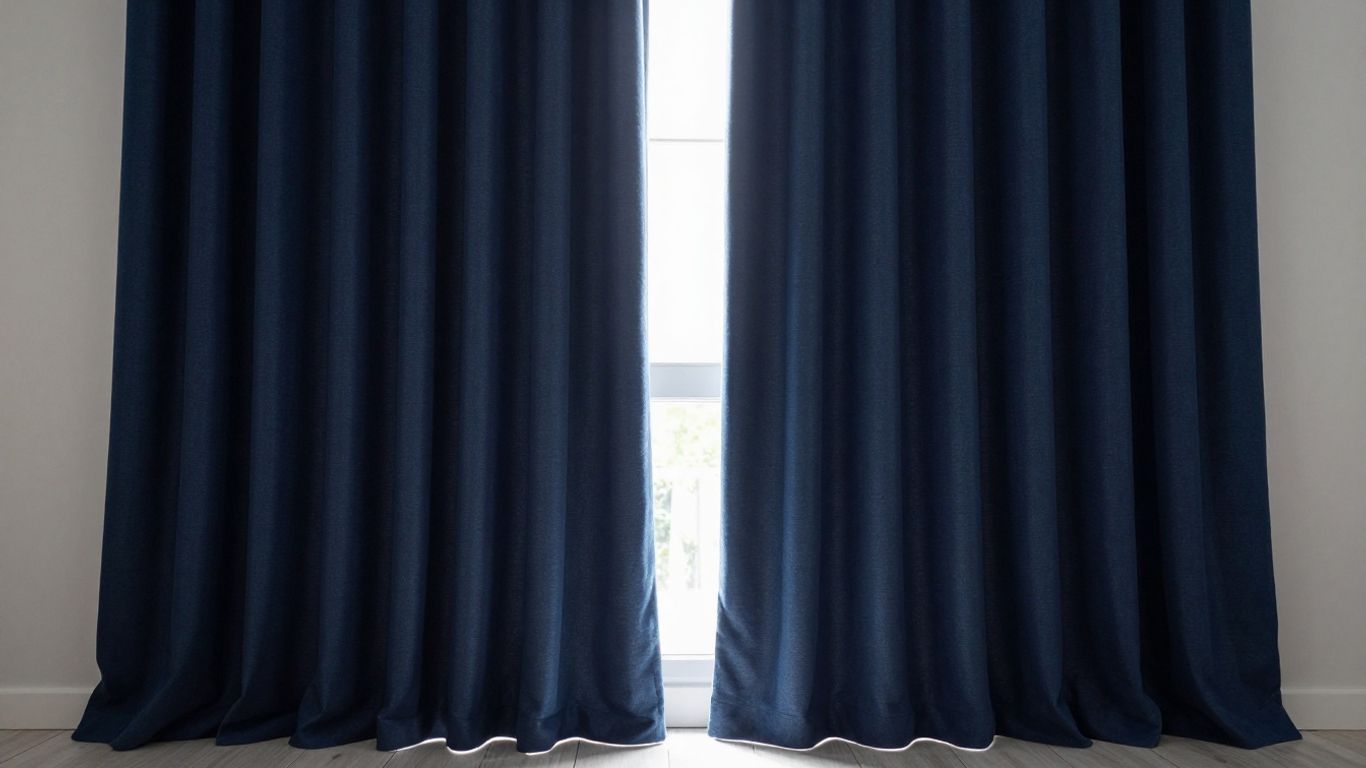 Dark navy blackout curtains in a bedroom.