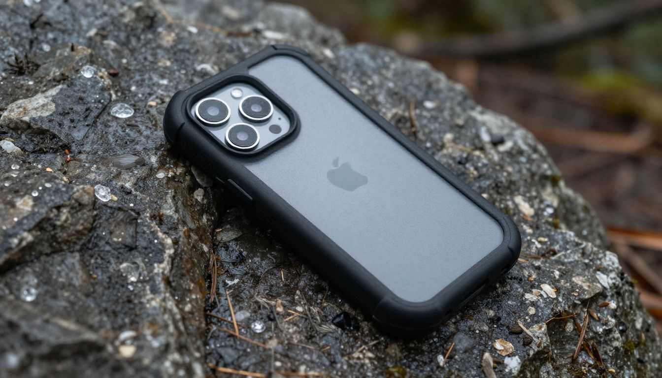 An iPhone 17 Pro in a rugged waterproof case resting on a rock next to a hiking trail on a rainy day.
