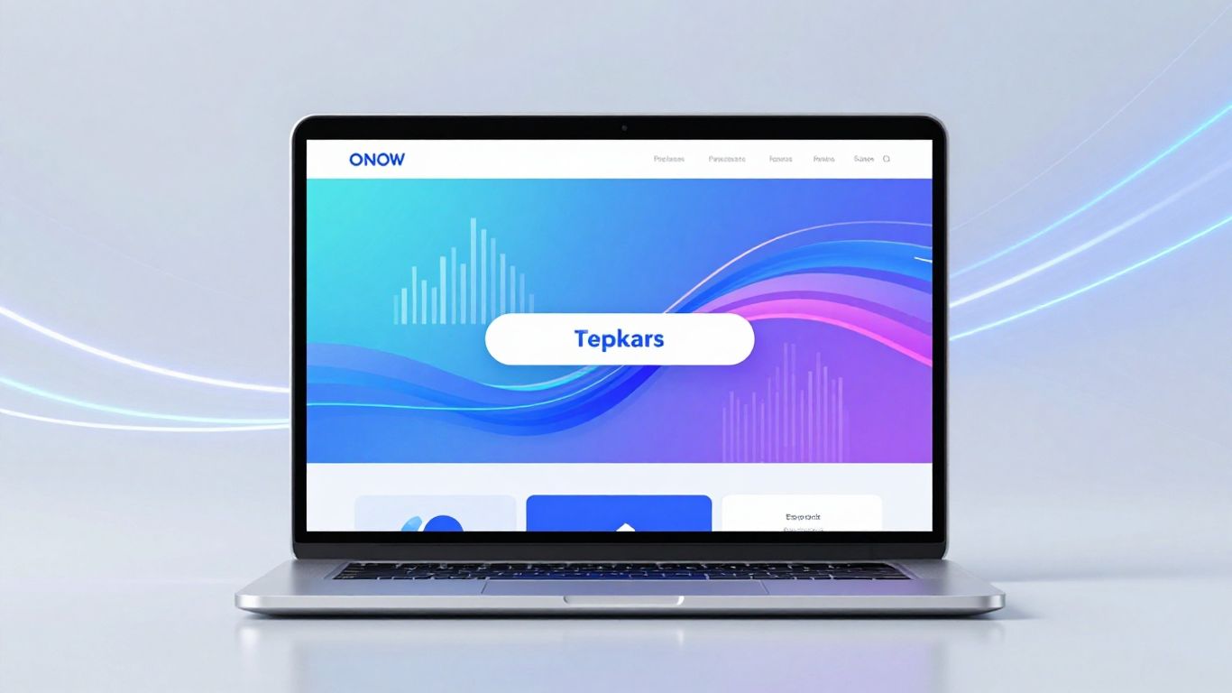 Modern website design on a laptop screen with digital light trails.