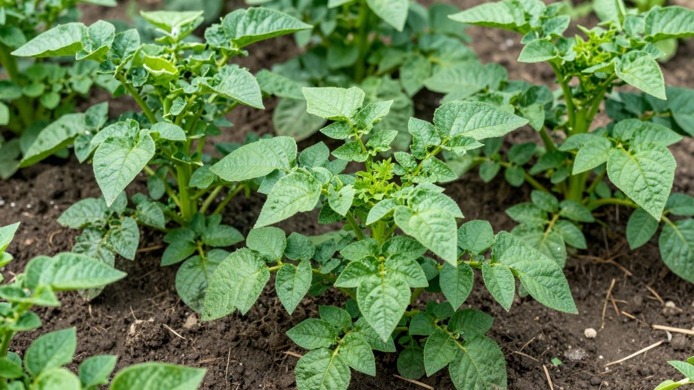 Biologische aardappelplanten groeien in rijke, donkere aarde.