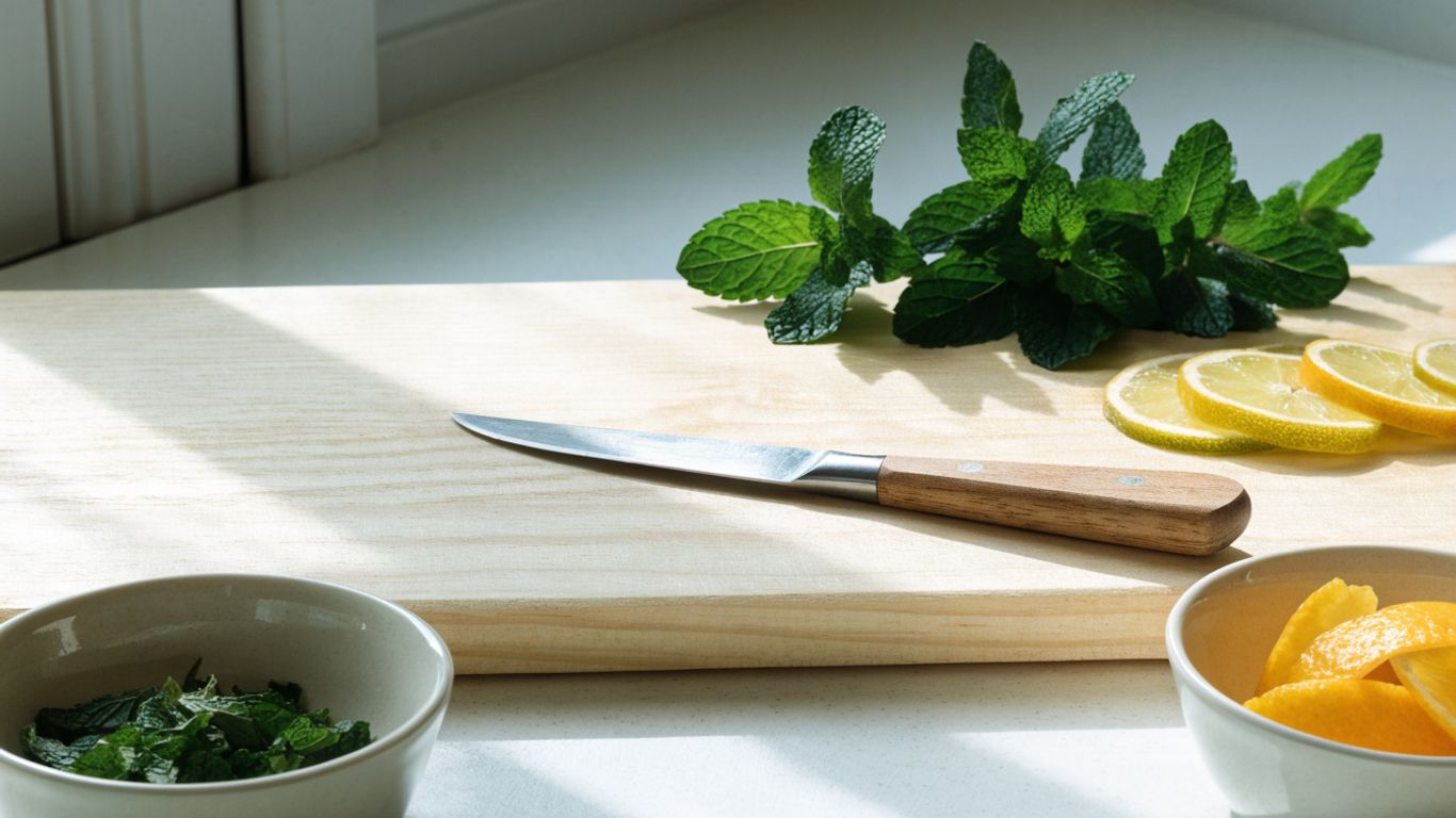 Maple board arranged with herbs citrus bowls and knife
