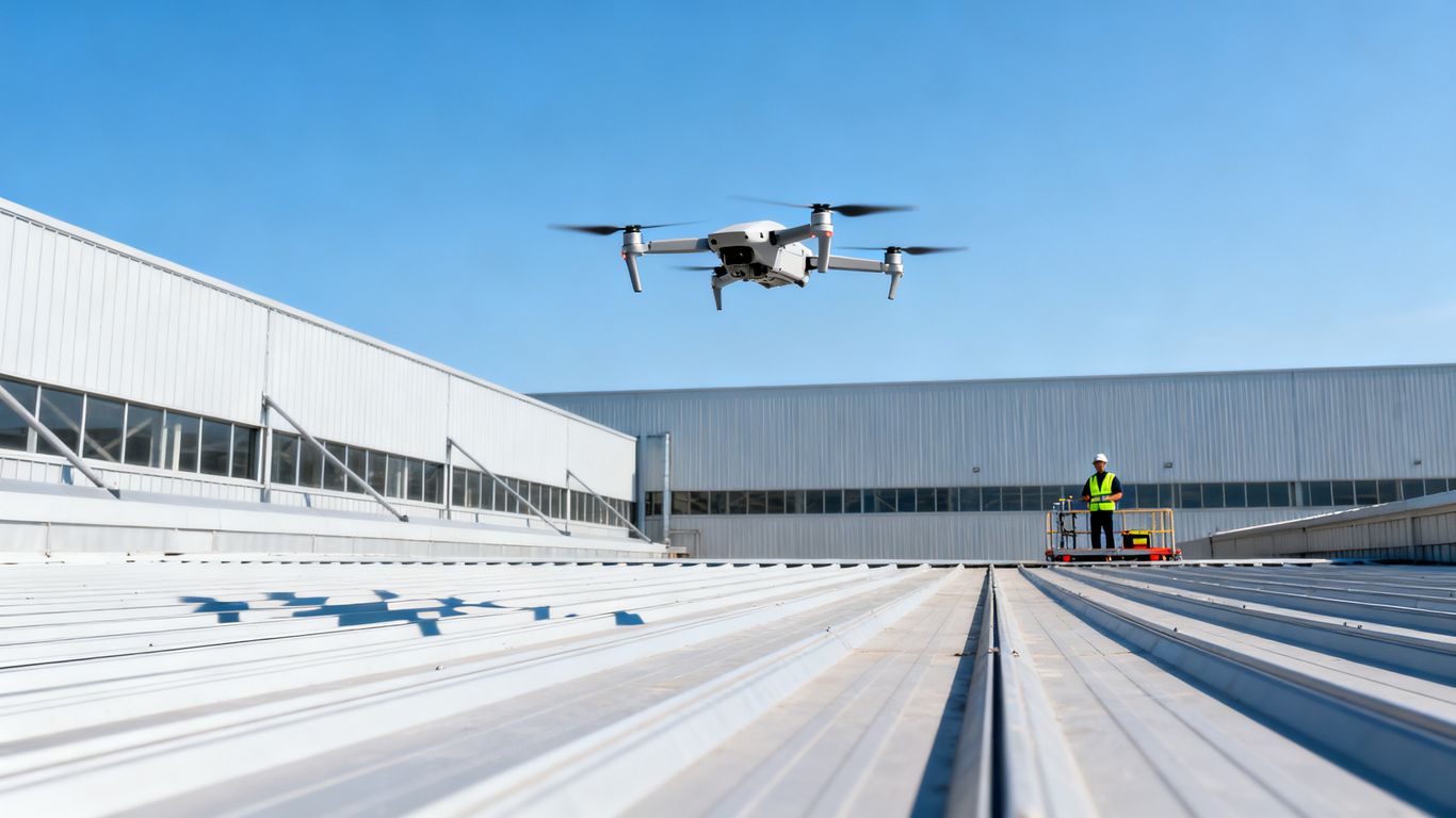 Drone capturing warehouse roof imagery