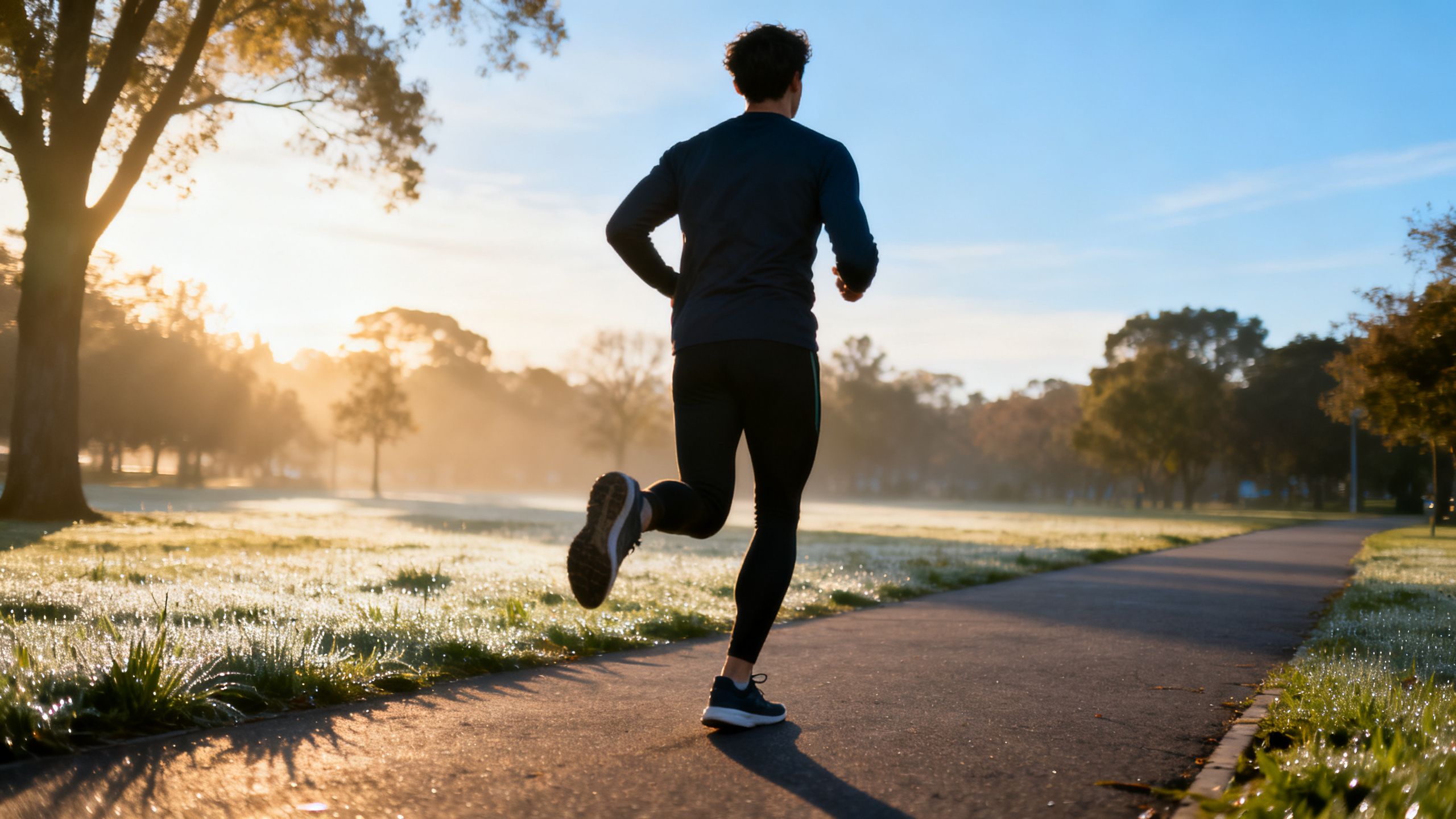 A person running on a park trail in the early morning, representing the positive impact of lifestyle changes on heart health.