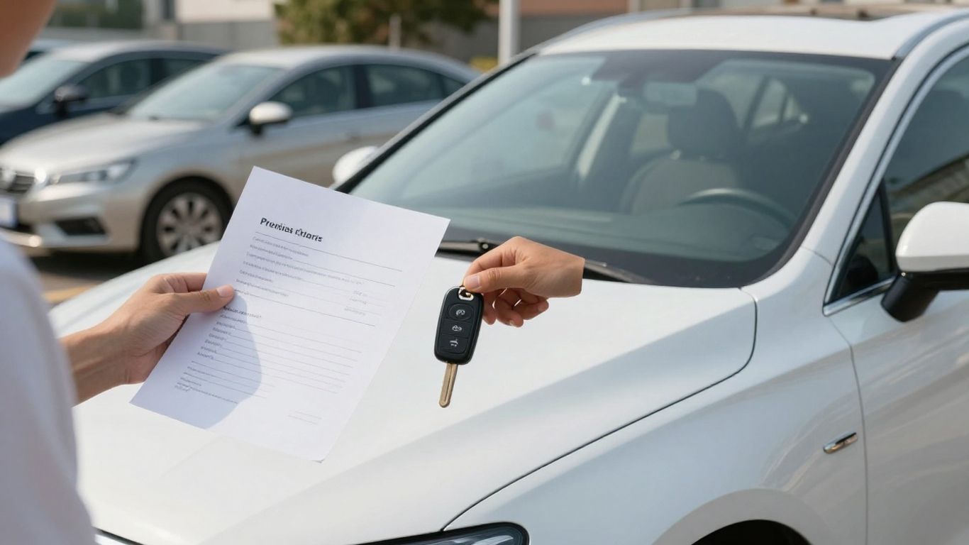 Gebrauchtes Auto beim Verkauf mit Schlüssel und Kaufunterlagen