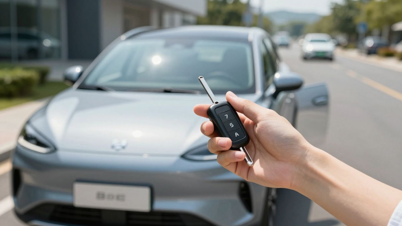 Person holding car keys with a new car.