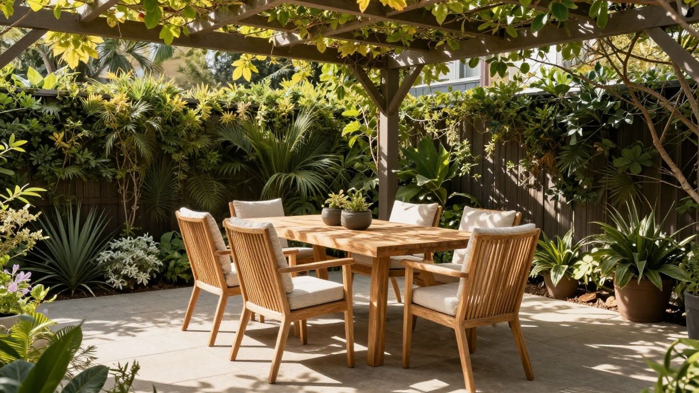 Teak outdoor dining set beneath leafy garden canopy